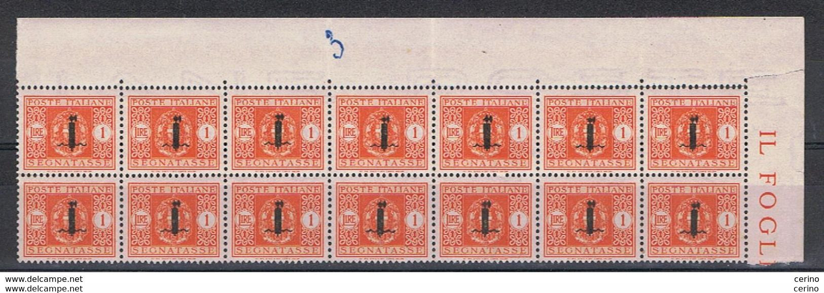 R.S.I.:  1944  TASSE  - £. 1  ARANCIO  BL. 14  N. -  DENTELLATURA  APERTA  IN  ALTO  A  DX. -   SASS. 68 - Segnatasse