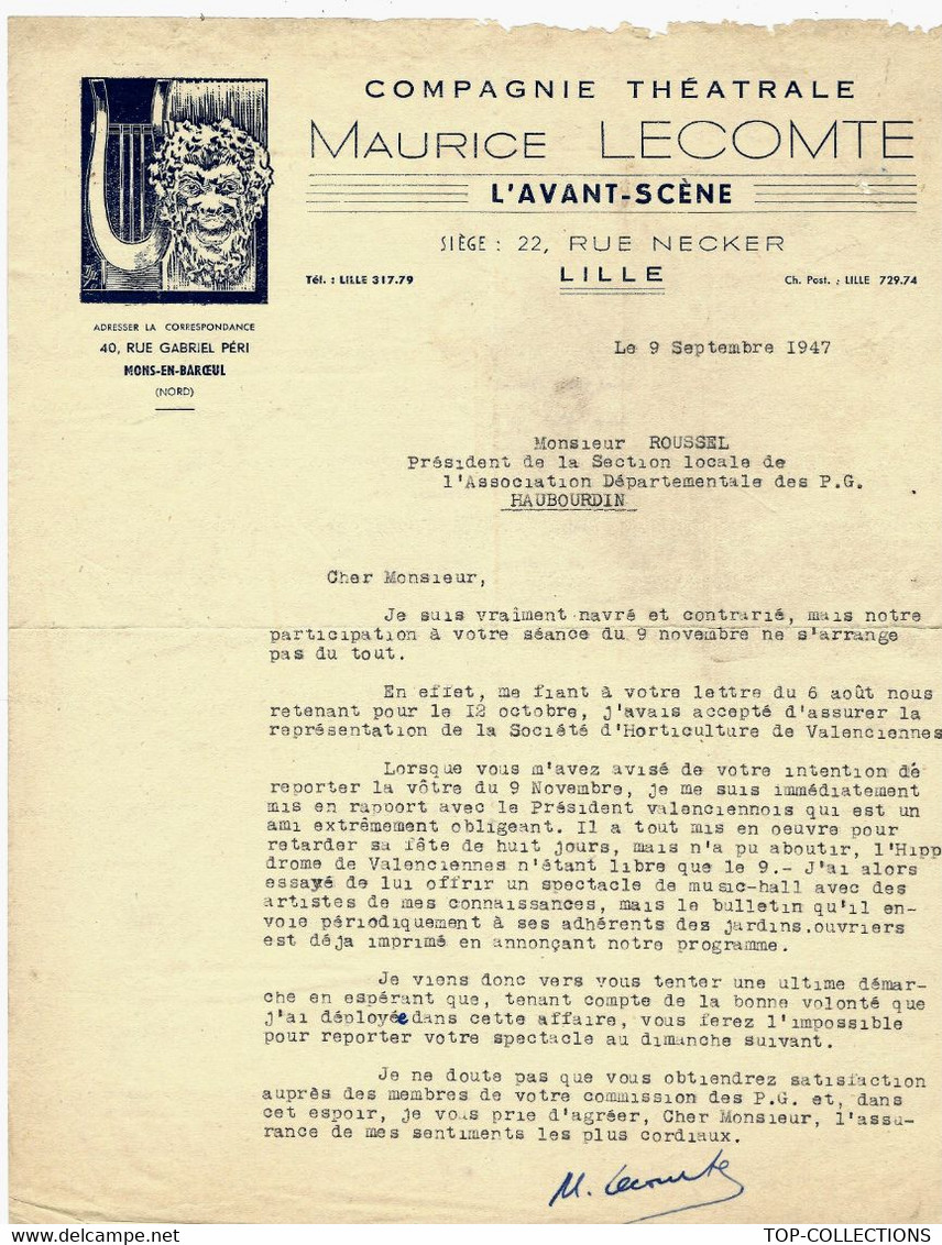 1947 ENTETE COMPAGNIE THEATRALE MAURICE LECOMTE L’ AVANT SCENE Lille Signée V.SCANS - Programs