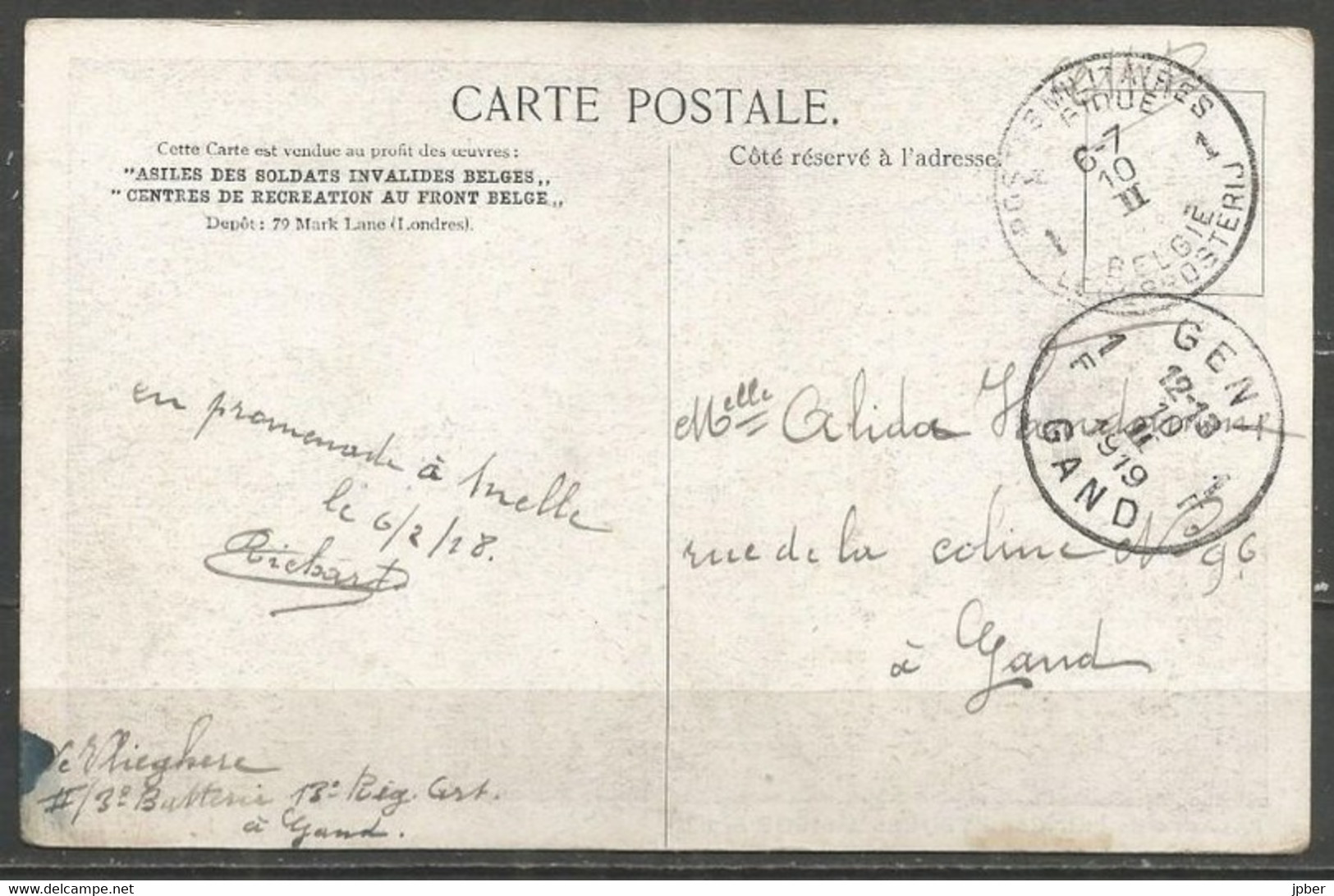 Belgique - Cachet "POSTES MILITAIRES 1" Du 10-2 Sans Millésime - Carte Postale Vers Gent Arrivée 10-2-19 - Lettres & Documents