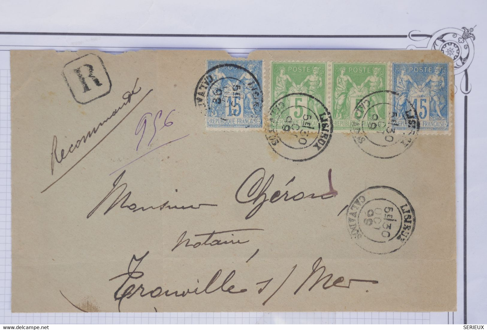 AZ7  FRANCE  BELLE LETTRE DEVANT  1899 LISIEUX  POUR TROUVILLE  + SAGES + AFFRANCH. PLAISANT - 1876-1898 Sage (Type II)