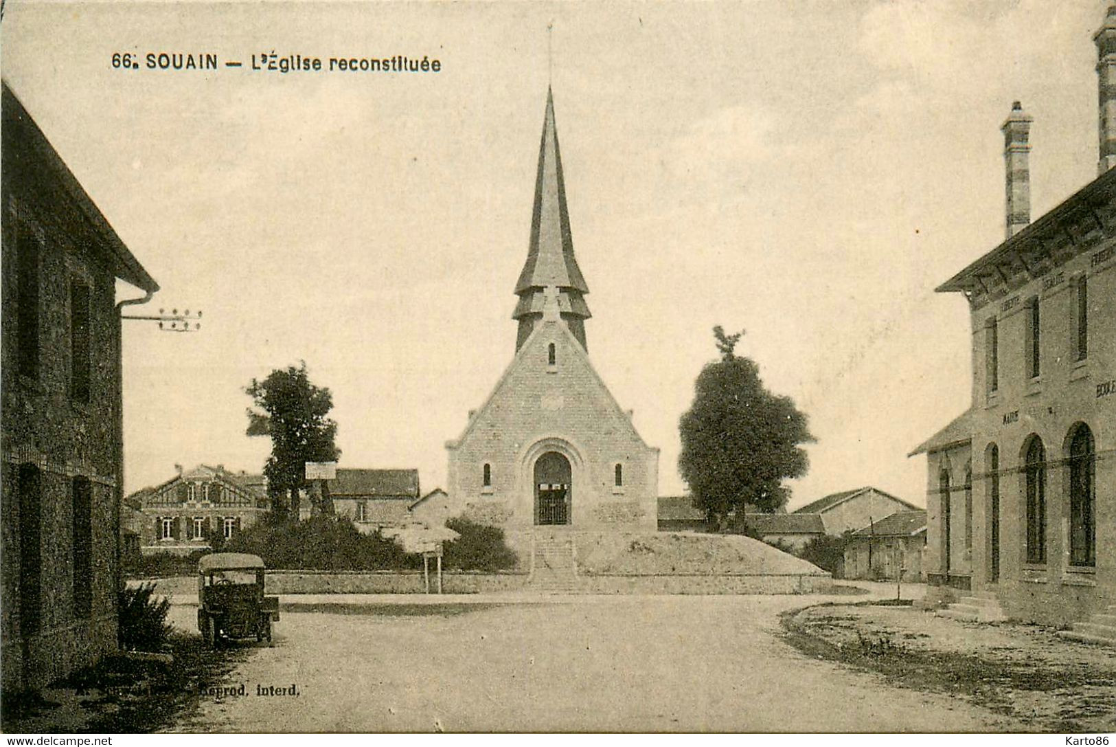 Souain * Place Et L'église Reconstituée * Automobile Ancienne - Souain-Perthes-lès-Hurlus