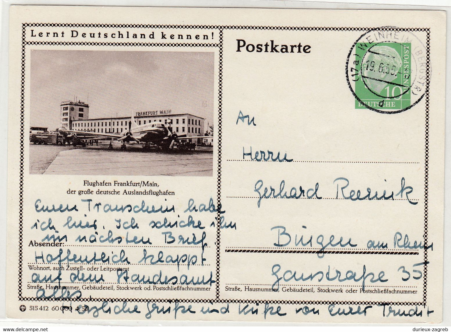 Flughafen Franfkurt Airport Illustrated Postal Stationery Postcard Posted 1956 B220710 - Postkarten - Gebraucht