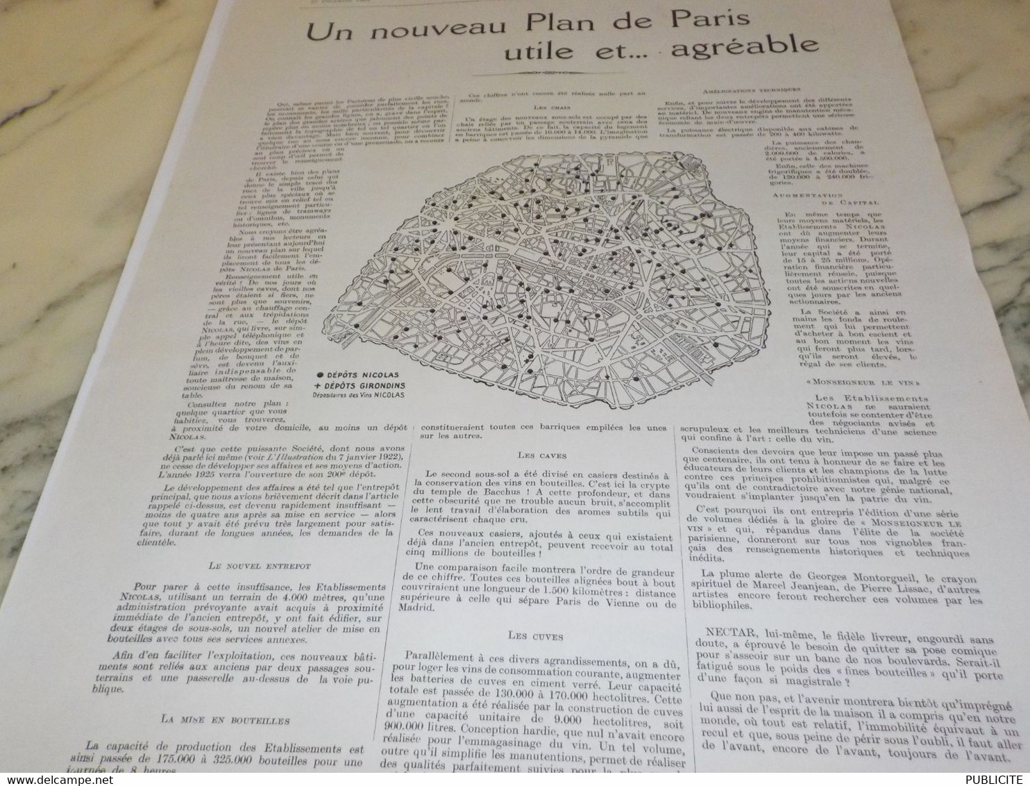 ANCIENNE PUBLICITE PLAN DE PARIS UTILE LE VIN NICOLAS 1924 - Alcools