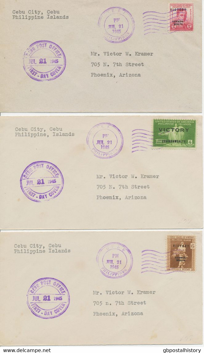 PHILIPPINEN 1945, Victory Commonwealth A. 11 Pra.-FDC's Mit "CEBU - PHILIPPINES" Und "CEBU POST OFFICE - JUL 21 1945" - Filipinas