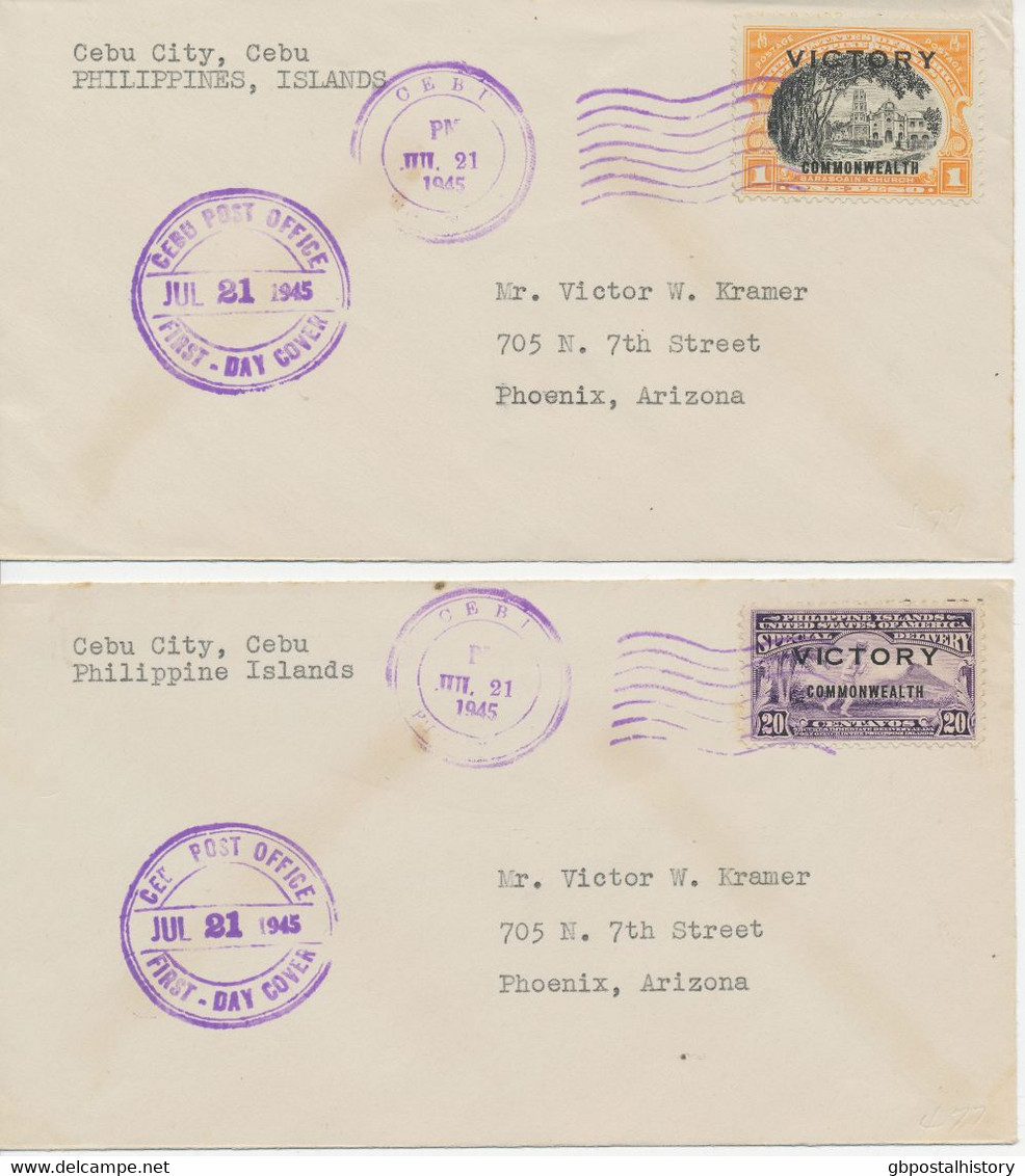 PHILIPPINEN 1945, Victory Commonwealth A. 11 Pra.-FDC's Mit "CEBU - PHILIPPINES" Und "CEBU POST OFFICE - JUL 21 1945" - Filipinas