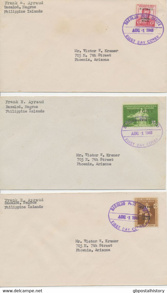 PHILIPPINEN 1945, Victory Commonwealth A. 11 Kab.-FDC's Mit "BACALOD POST OFFICE - AUG 1 1945 - FIRST DAY COVER"-EST - Filipinas