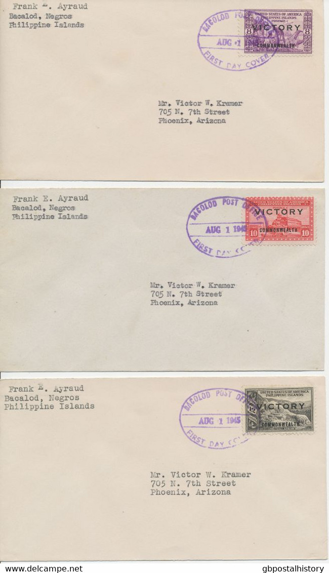 PHILIPPINEN 1945, Victory Commonwealth A. 11 Kab.-FDC's Mit "BACALOD POST OFFICE - AUG 1 1945 - FIRST DAY COVER"-EST - Philippinen