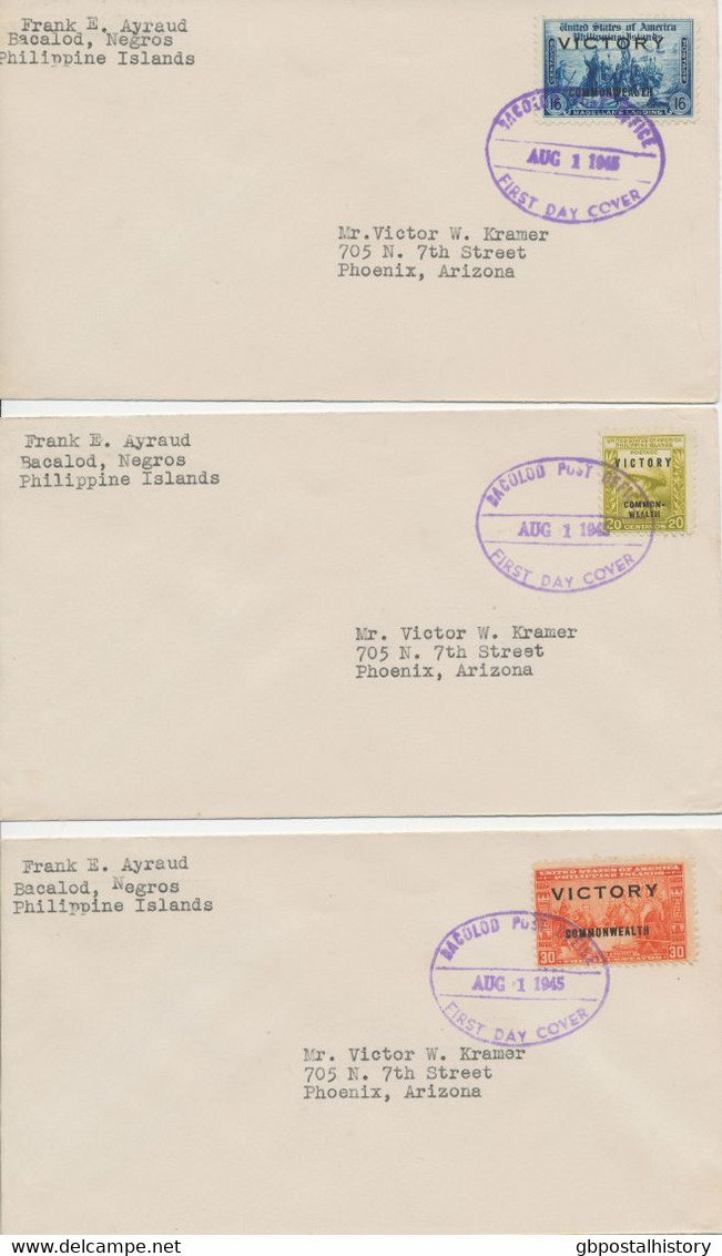 PHILIPPINEN 1945, Victory Commonwealth A. 11 Kab.-FDC's Mit "BACALOD POST OFFICE - AUG 1 1945 - FIRST DAY COVER"-EST - Filipinas