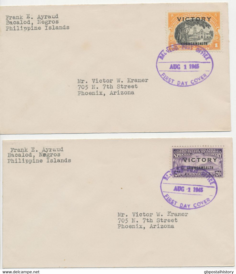 PHILIPPINEN 1945, Victory Commonwealth A. 11 Kab.-FDC's Mit "BACALOD POST OFFICE - AUG 1 1945 - FIRST DAY COVER"-EST - Filipinas