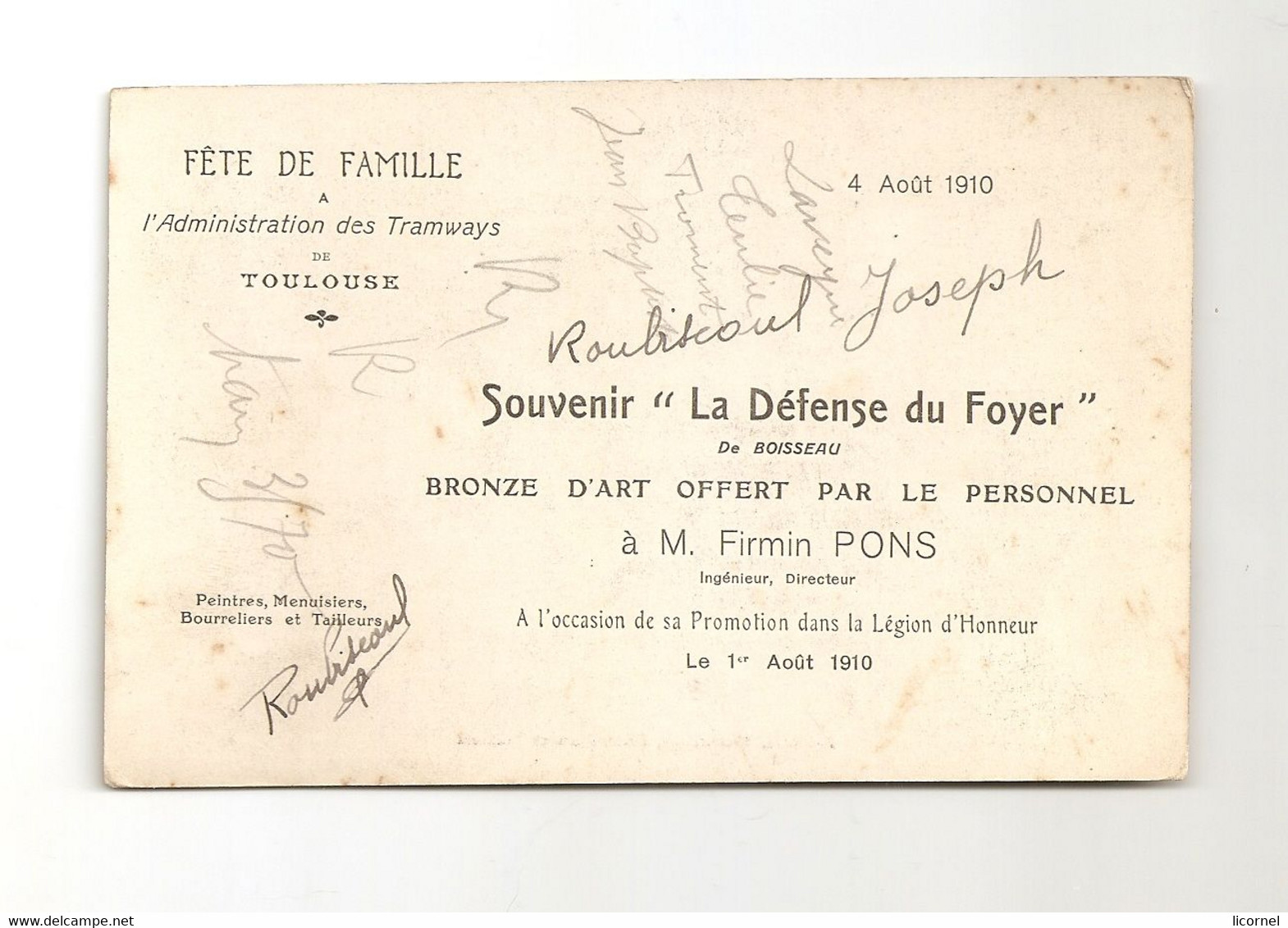 L ADMINISTRATION DES TRAMWAYS DE TOULOUSE Fete De Famille; Bronze Offert A Mr PONS FIRMIN, - Toulouse