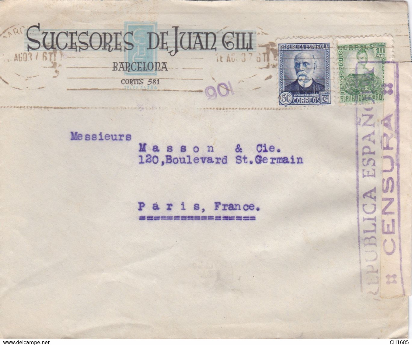 ESPAGNE : Censure Républica Espanola Sur Lettre De Barcelone Pour Paris 1937 - Republikanische Zensur