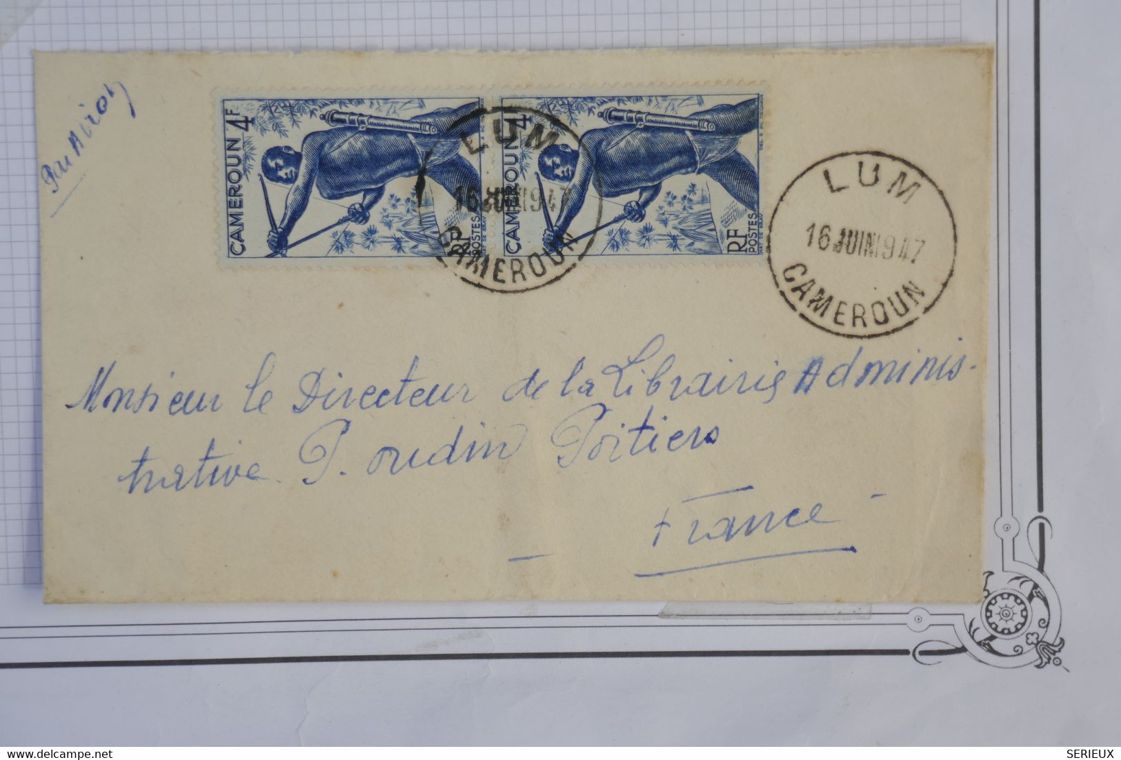 AZ8 CAMEROUN  BELLE LETTRE RR 1947 PAR AVION PETIT BUREAU LUM POUR POITIERS  FRANCE  +++PAIRE DE T.P +   AFFRA. PLAISANT - Covers & Documents