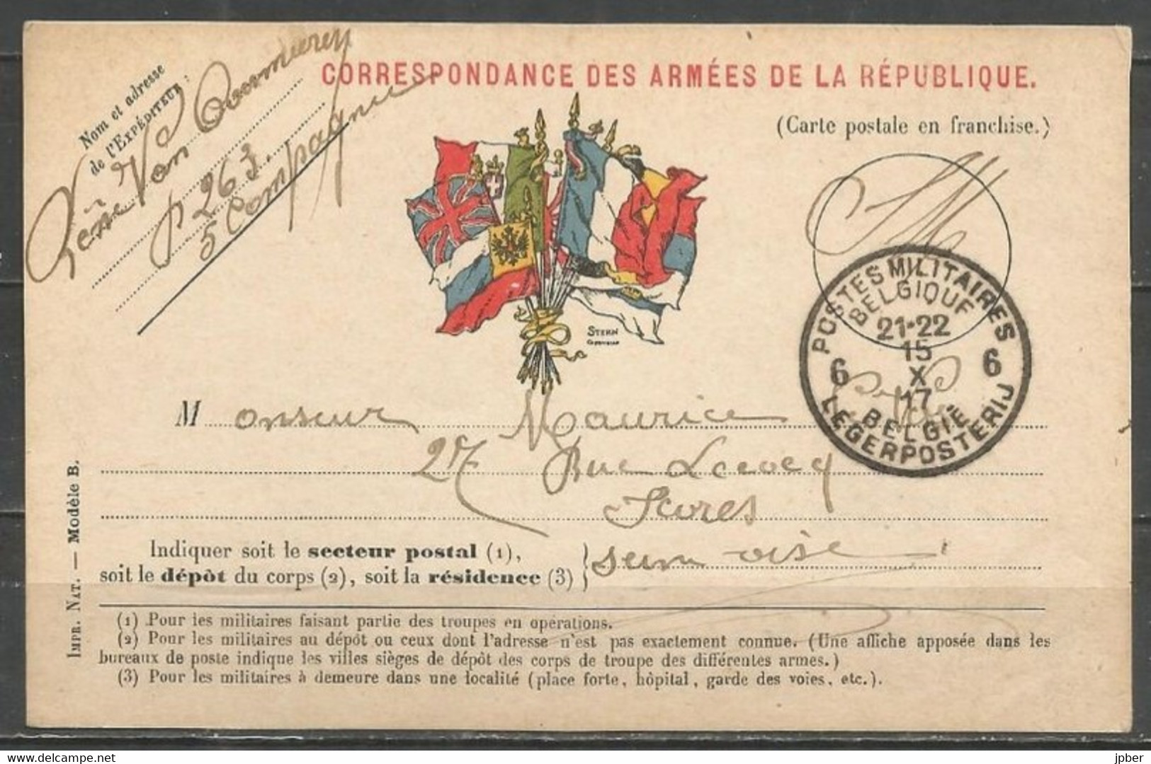 Belgique - Cachet "POSTES MILITAIRES 6" Du 15-10-17 - Carte Correspondance Des Armées Vers Sèvres - Brieven En Documenten