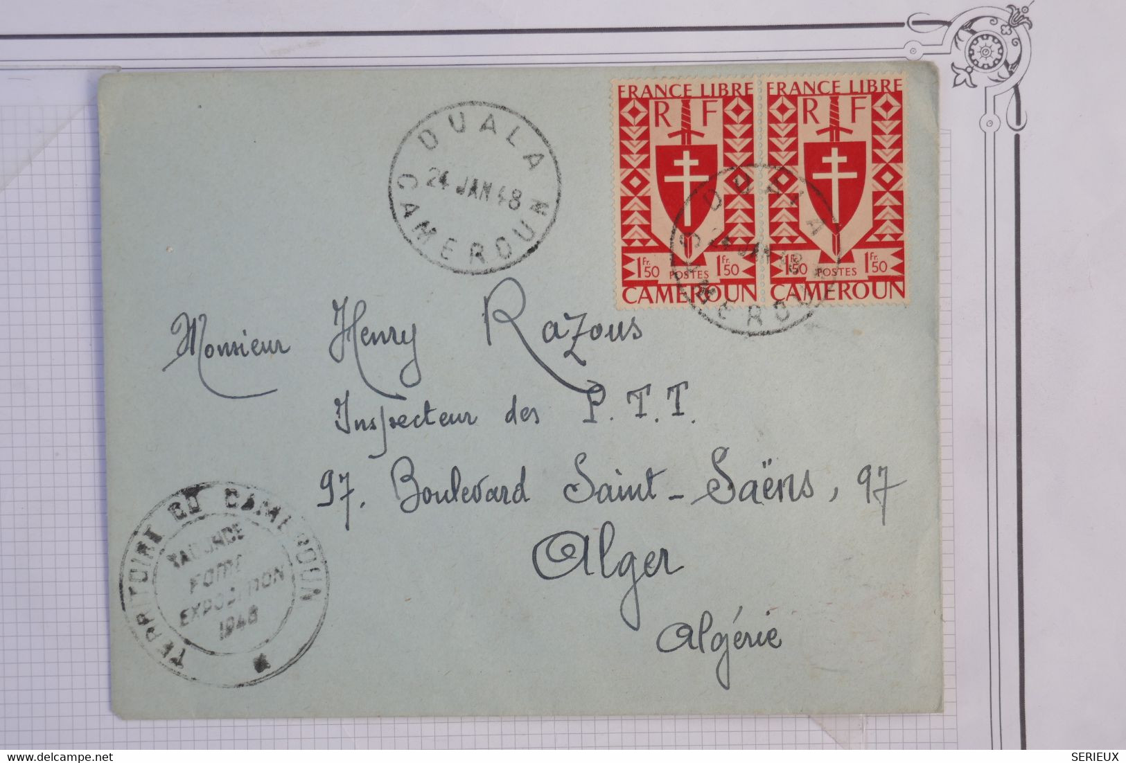 AZ8 CAMEROUN  BELLE LETTRE RRR 1948  PAR AVION DOUALA A  ALGER +VIGNETTE +CACHET TERRITOIRE .. ++ AFFRANCH. PLAISANT - Storia Postale