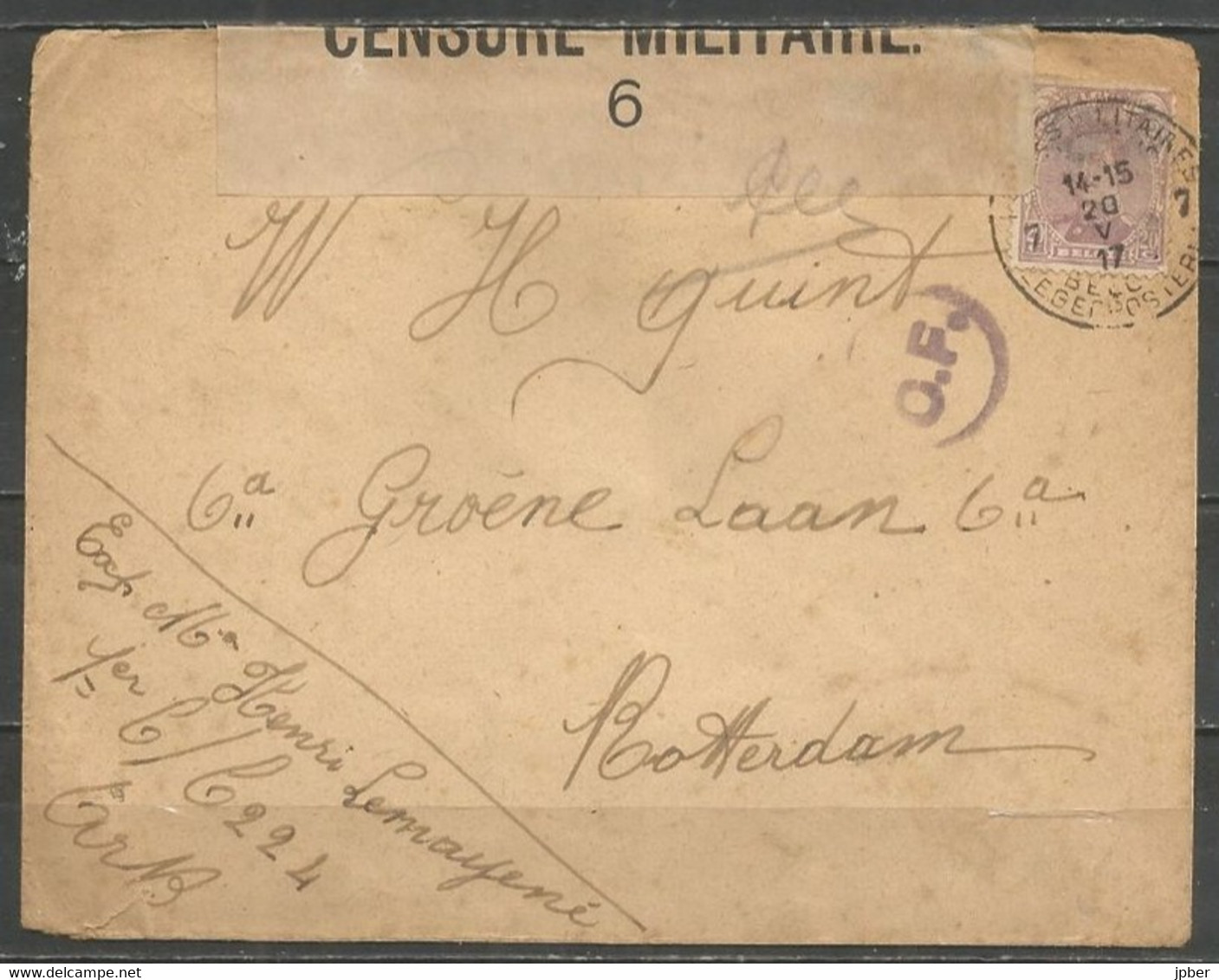 Belgique - Cachet "POSTES MILITAIRES 7" Du 20-5-17 - Lettre Vers Rotterdam, Bandelette Censure, Timbre Albert Ier N°140 - Briefe U. Dokumente