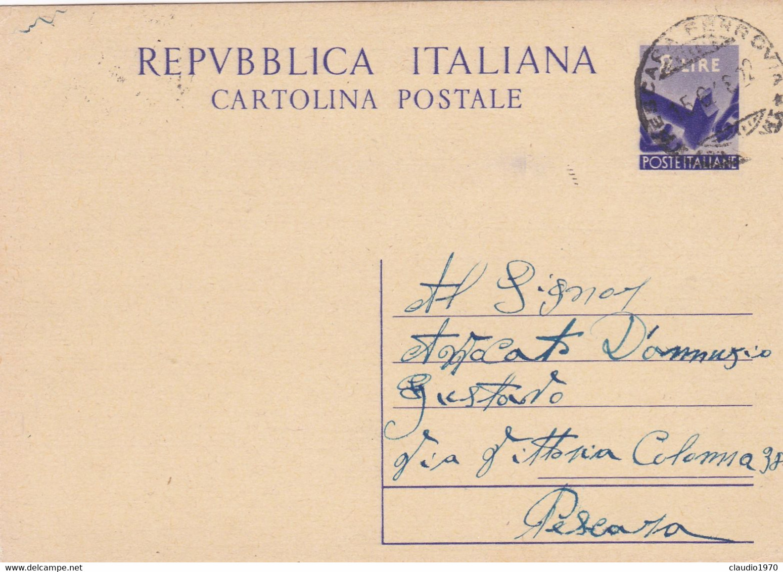 ITALIA - REPUBBLICA - PESCARA - CARCERI GIUDIZIARIE - INTERO POSTALE - L. 8 - VIAGGIATO PER PESCARA - Stamped Stationery