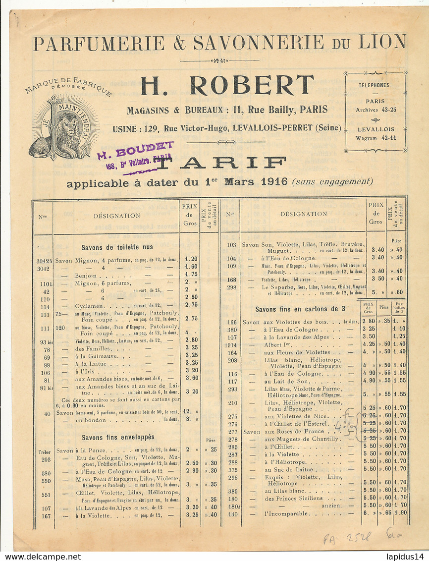 FA 2528  /FACTURE  PUB DEPLIANT PARFUMERIE & SAVONNERIE H. ROBERT  PARIS - Droguerie & Parfumerie