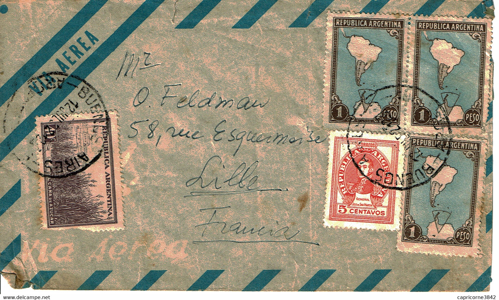 1952 - Lettre D'Argentine Pour Lille (France)  - Tp N° 454 + 462 + 452A - Brieven En Documenten