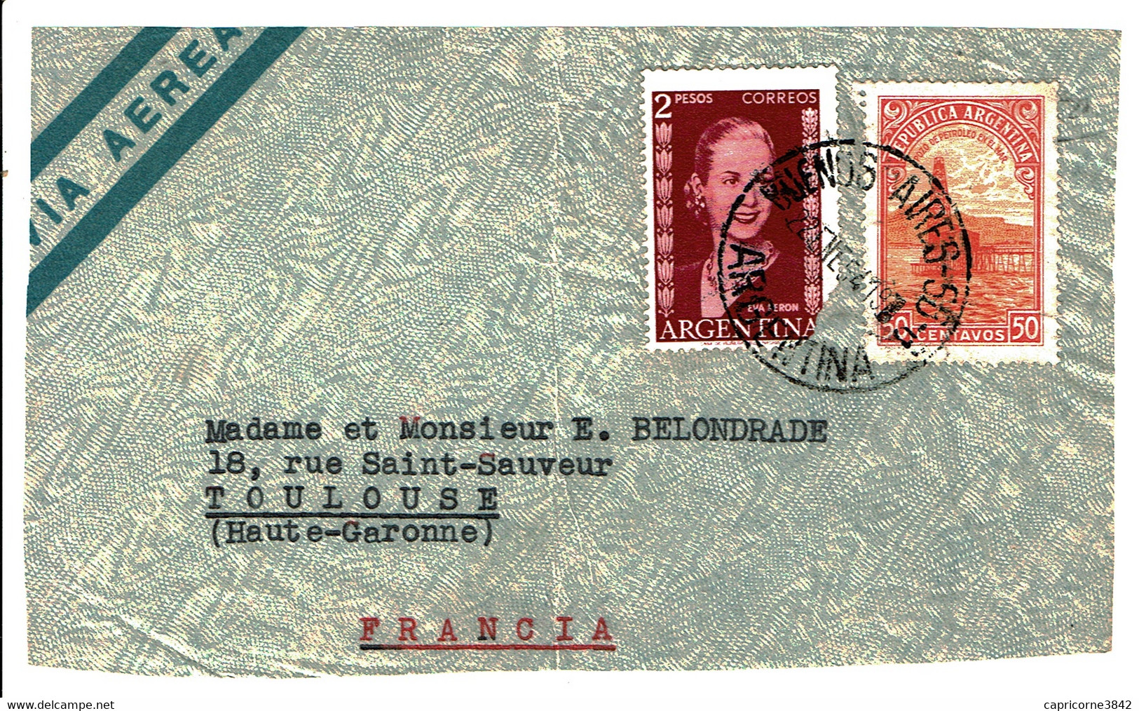 1954 - Lettre De Buenos-Aires Pour Toulouse - Tp N° 379 + 526  (Seulement Devant D'enveloppe) - Lettres & Documents