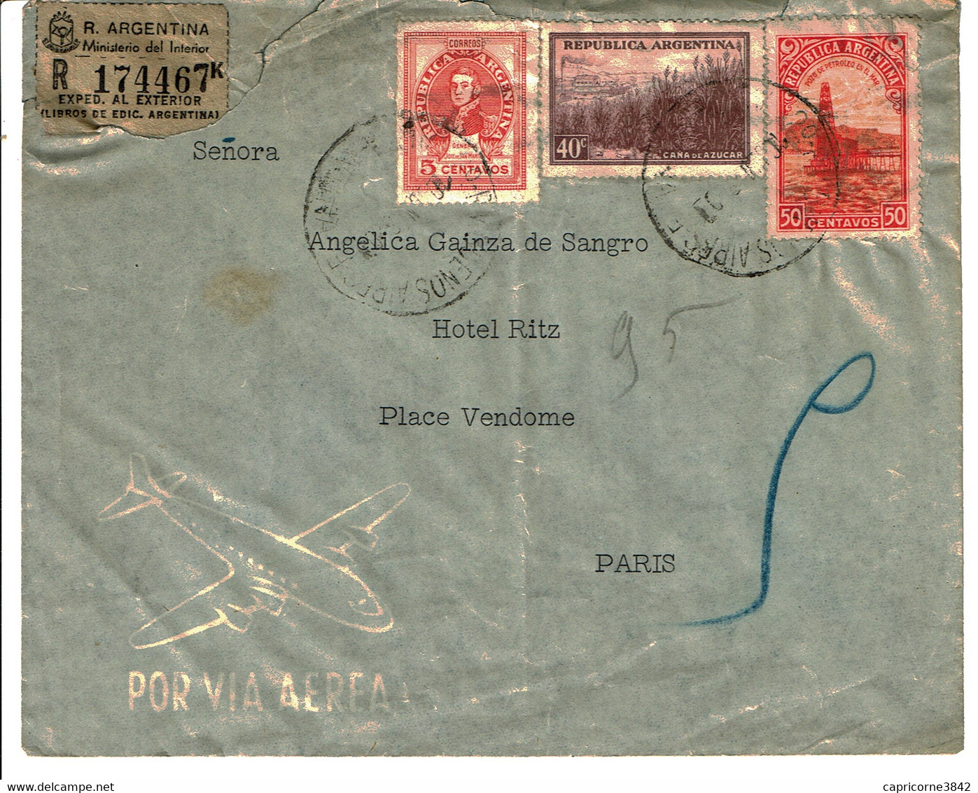 Lettre Recommandée D'Argentine Pour Paris - Tp N° 452A + 453 + 462 - Brieven En Documenten