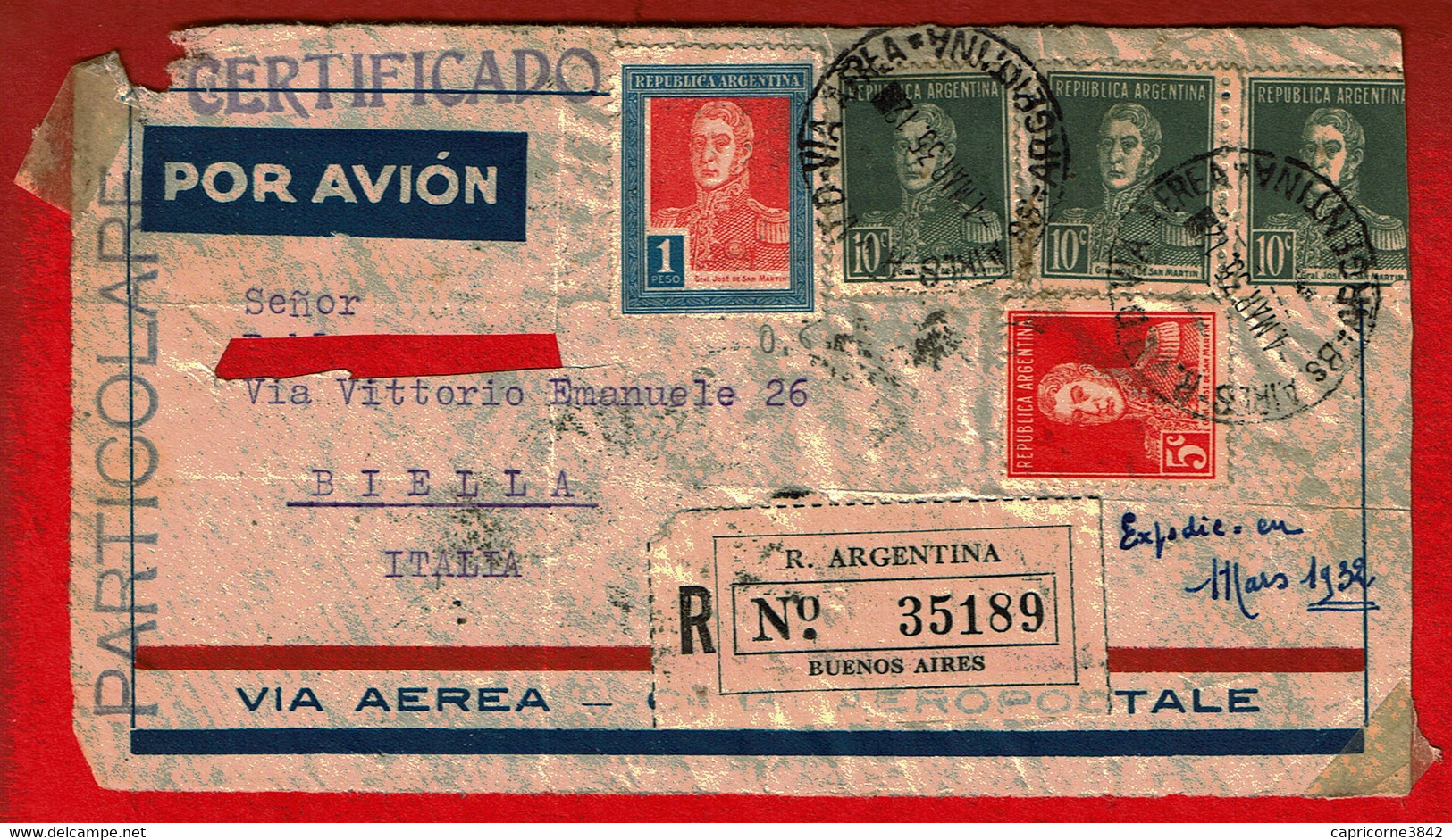 1935 -Lettre De Buenos-Aires Pour Biella (Italie) -Recommandée -tp N° 281+282+288 -(Seulement Devant D'enveloppe) - Storia Postale