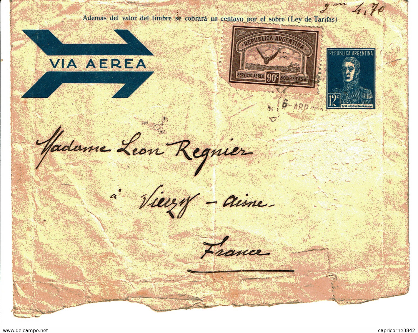 1929 - Lettre D'Argentine Pour La France -  Entier Postal Avec Tp N° 283 + Tp Poste Aérienne N° 14 - Postwaardestukken