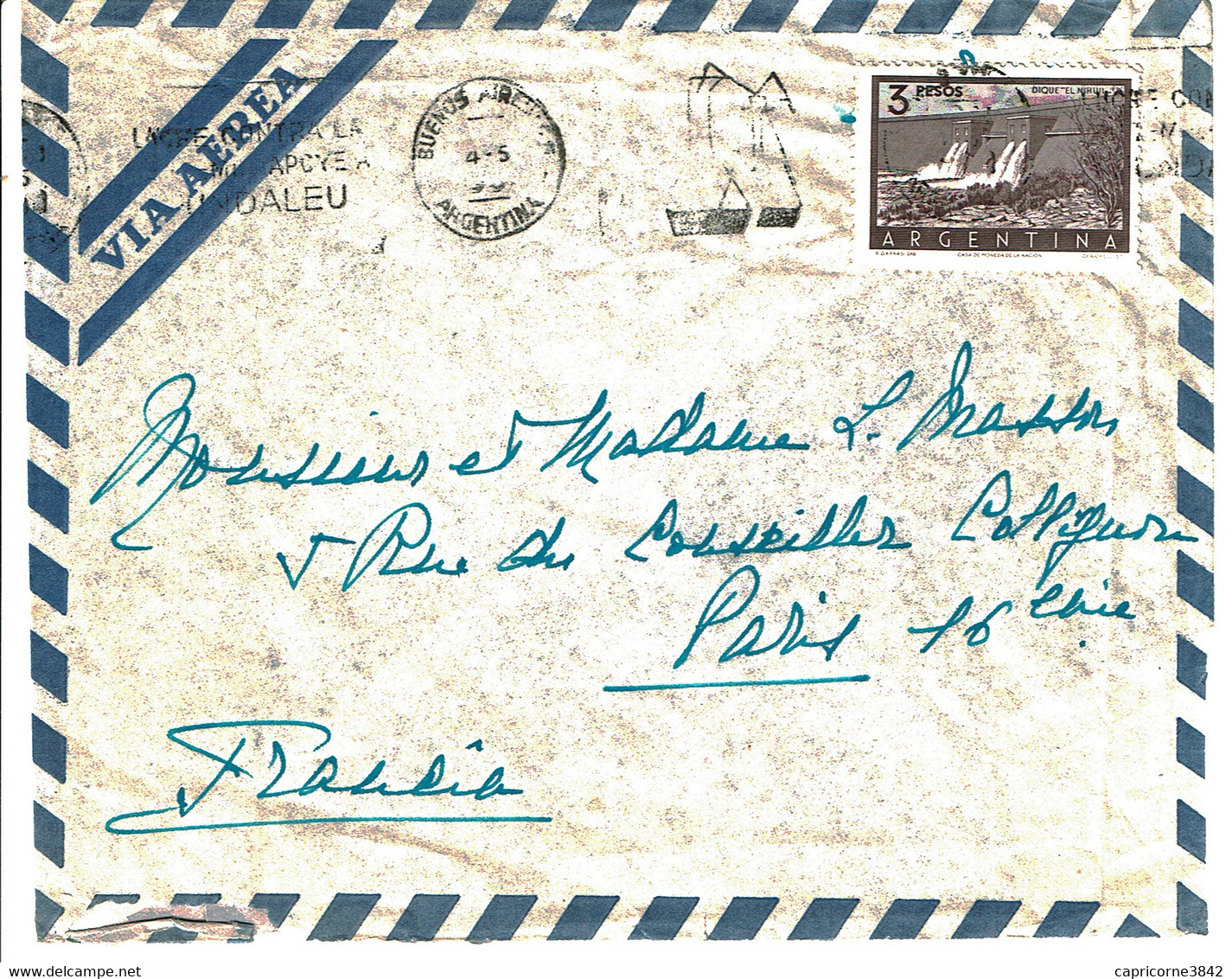 1959 - Argentine - Lettre Pour La France - Barrage El Nihuil N° 548A - Storia Postale