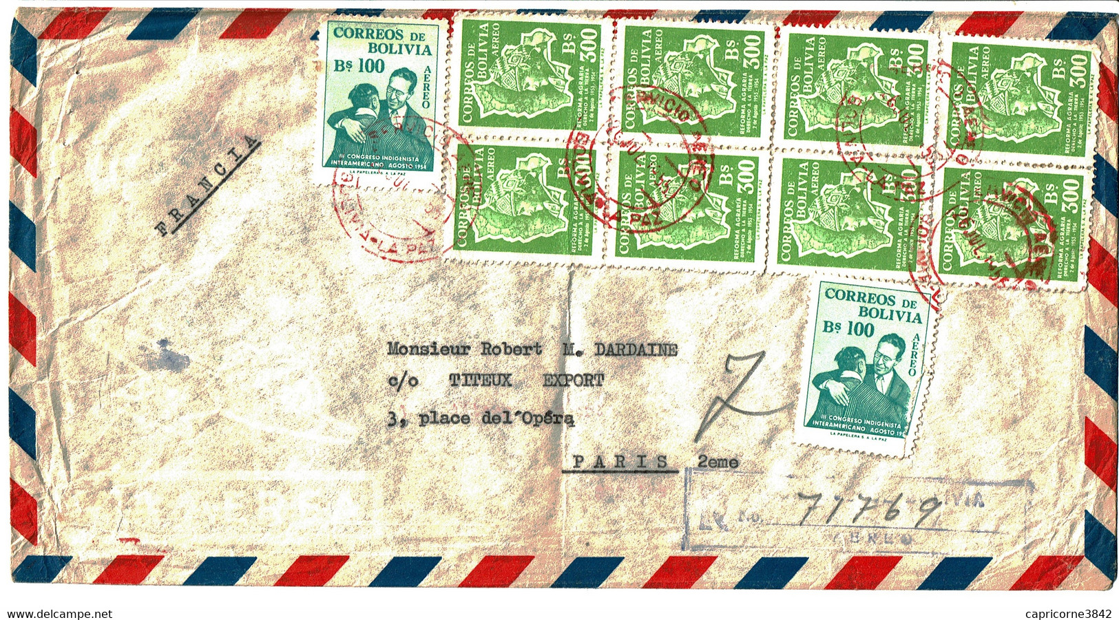 1955 - Lettre De Bolivie Pour La France - Recommandée - Poste Aérienne - 8 Tp N° 158 + 154 - Bolivie