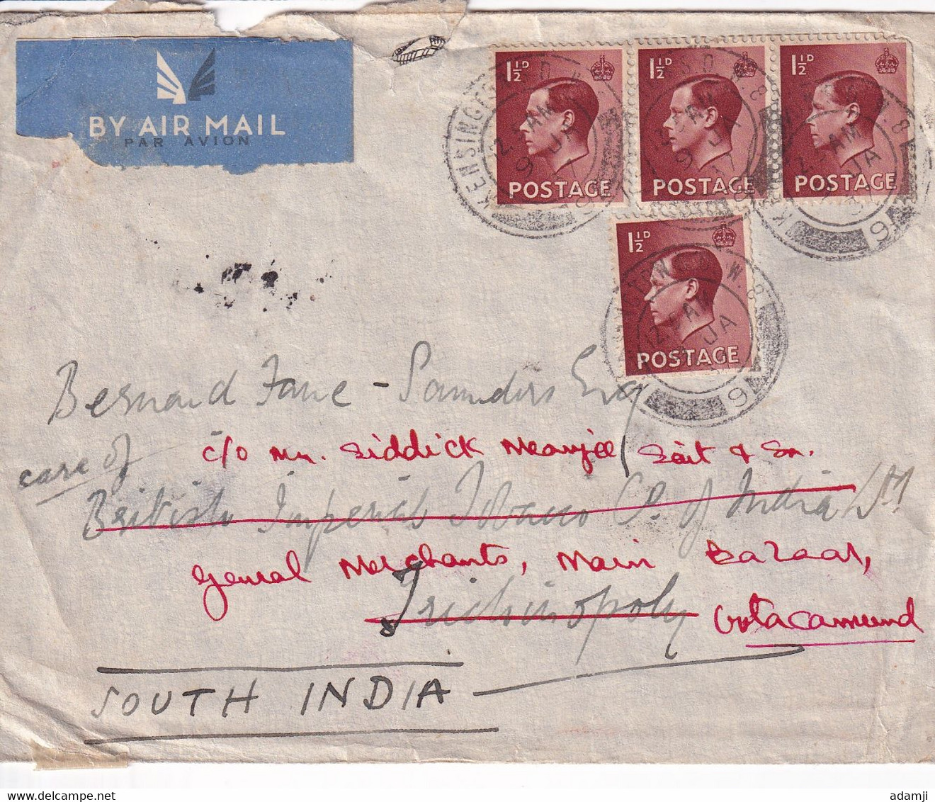 GREAT BRITAIN 1937 EDWARD VIII COVER TO INDIA (TRICHINOPOLY) - Covers & Documents