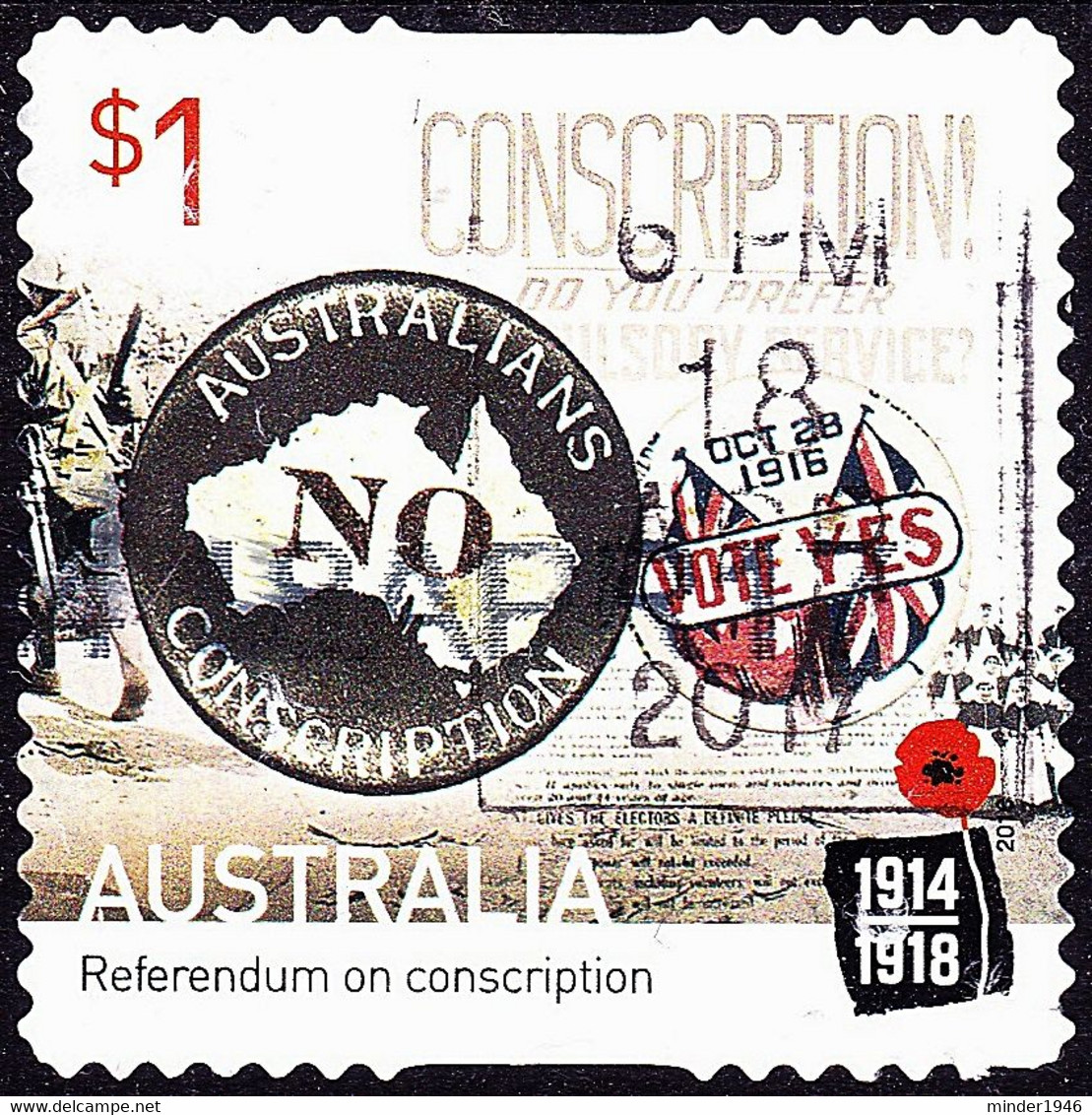 AUSTRALIA 2016 $1 Multicoloured, 100th Anniv Of World War I - Referendum On Conscription Self Adhesive FU - Used Stamps