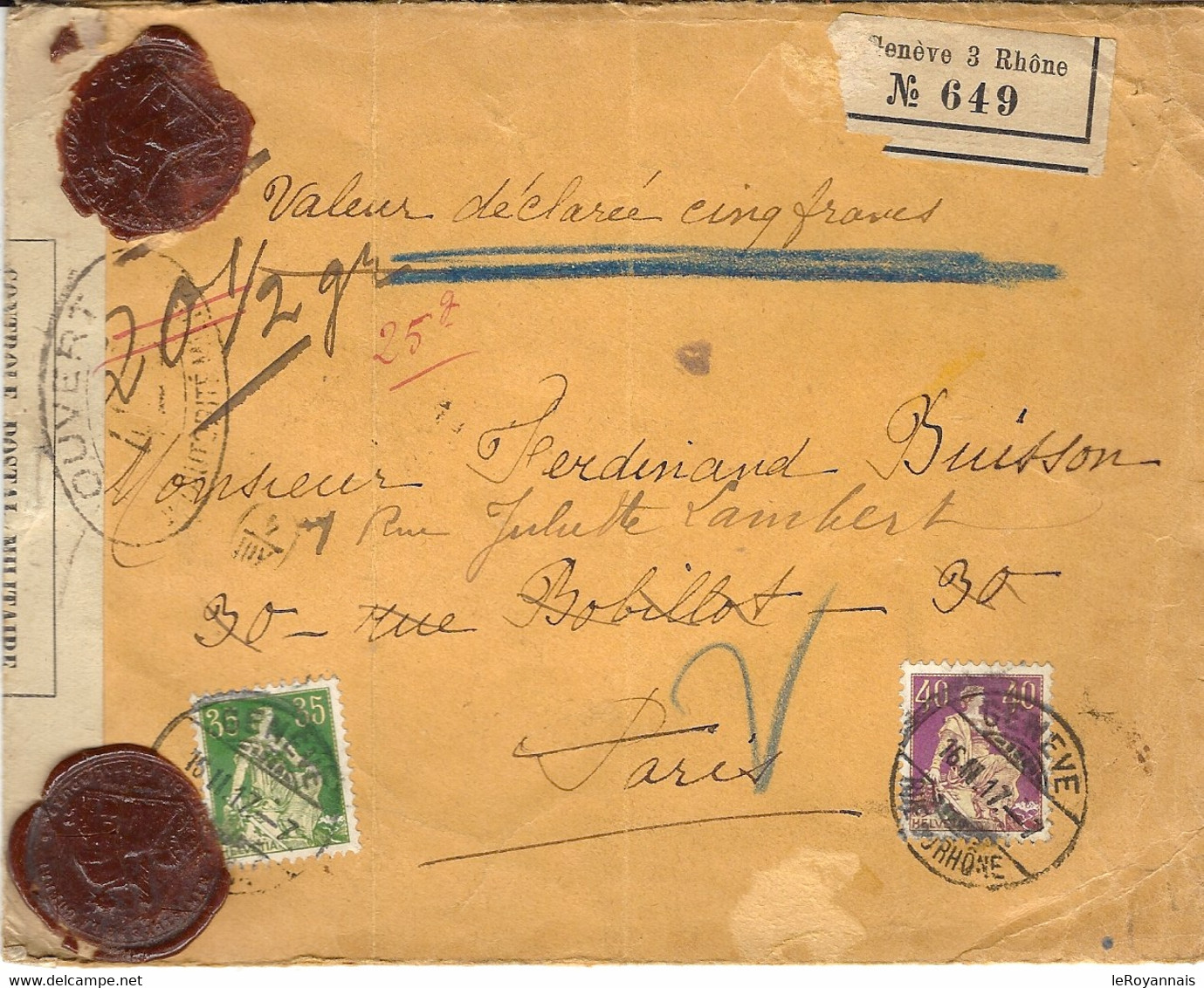 1917 - Enveloppe CHARGE V D 5 Francs Affr. 40 + 35 C.  Avec Cachets De Cire - Storia Postale