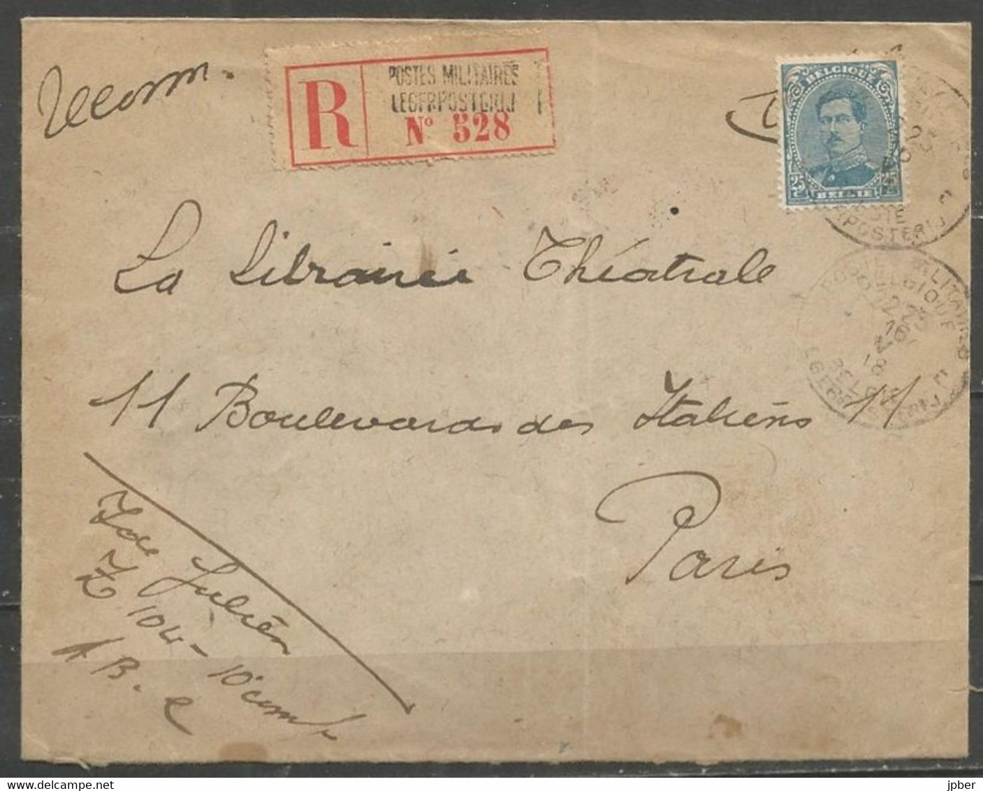 Belgique - Cachet "POSTES MILITAIRES N°?" Du 16-5-18 - Recommandé Vers Paris - Timbre Albert Ier N°141 - Storia Postale