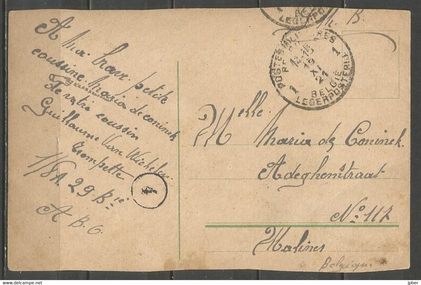 Belgique - Cachet "POSTES MILITAIRES 1" Du 19-11-21 - Carte Postale Vallée Du Rhein "Die Pfalz Bei Kaub" - Brieven En Documenten