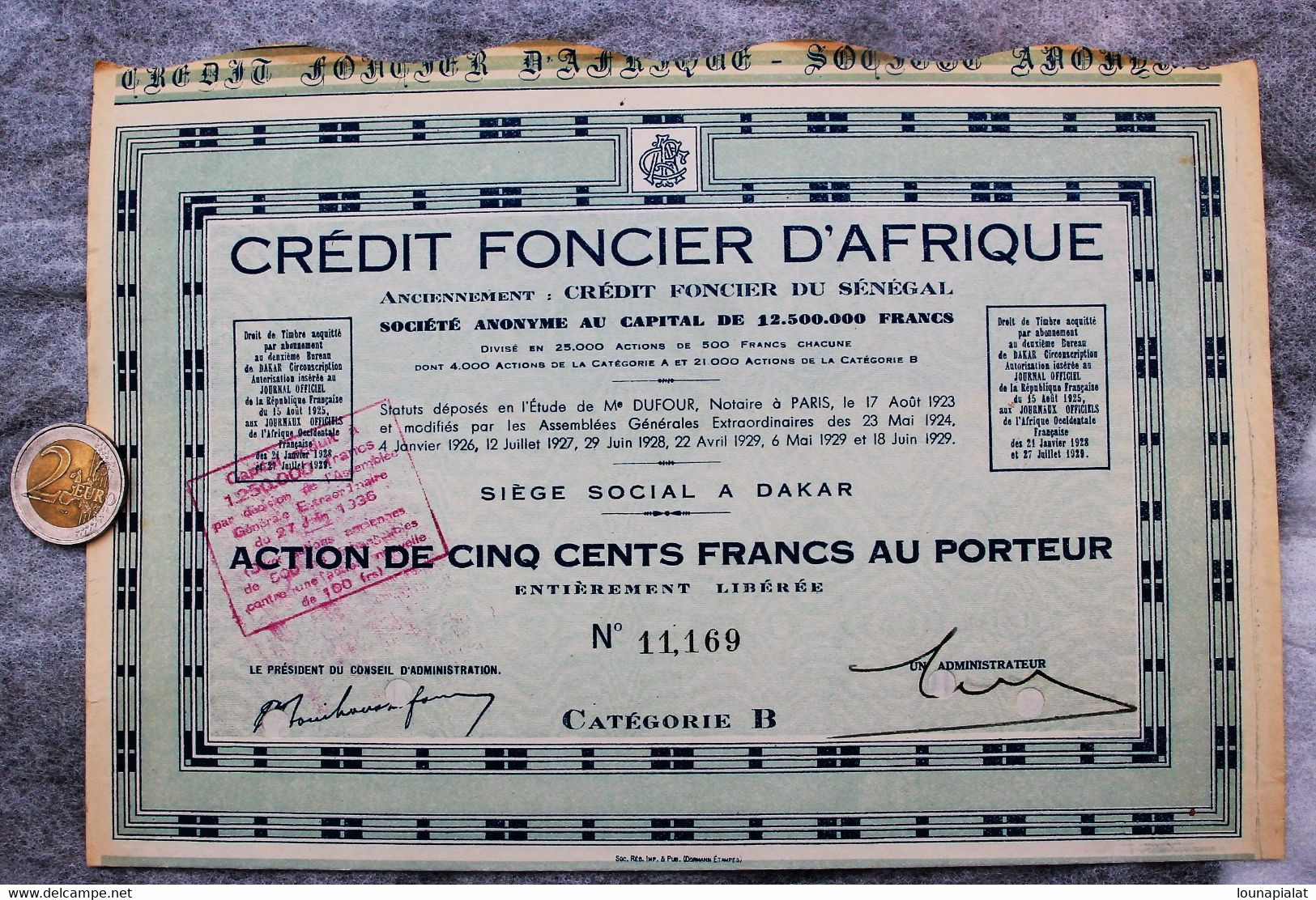 Action De 500 Francs Crédit Foncier D'AFRIQUE- Sénégal - 1923 - Other & Unclassified