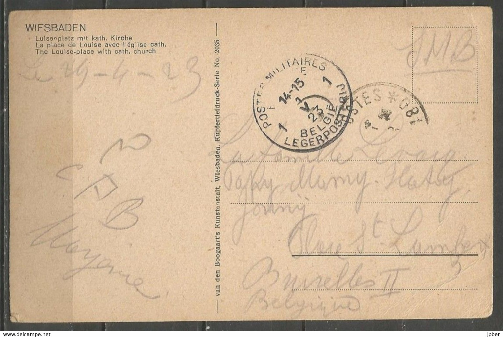 Belgique - Cachet "POSTES MILITAIRES 1" Du 1-5-23 - Carte Postale WIESBADEN - Luisenplatz Mit Kirche - Cartas & Documentos