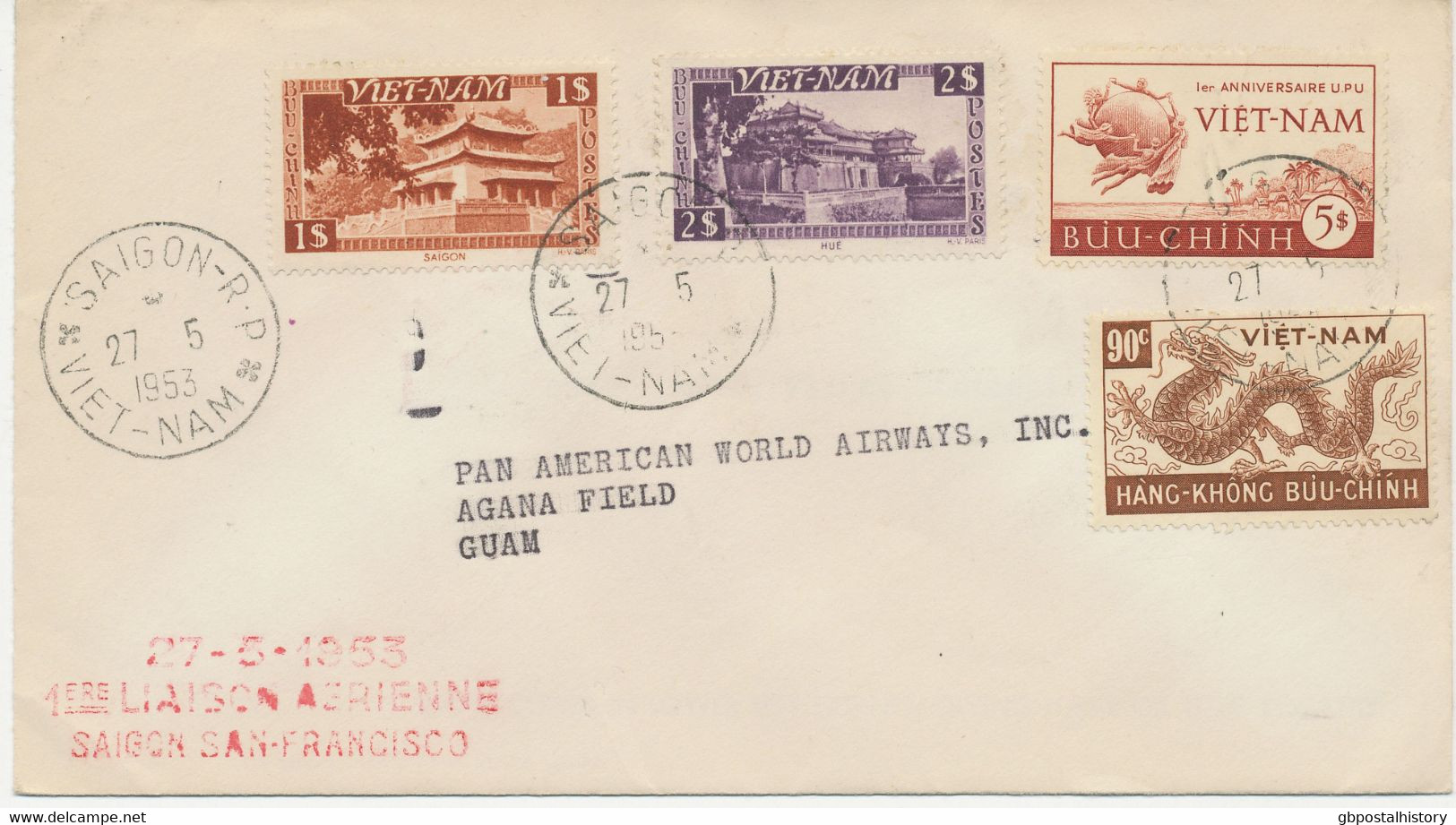 VIETNAM 27.5.1953, Extrem Selt. Kab.-Erstflug Mit Pan American World Airways "SAIGON - GUAM", Nur Sehr Wenige Geflogen - Vietnam