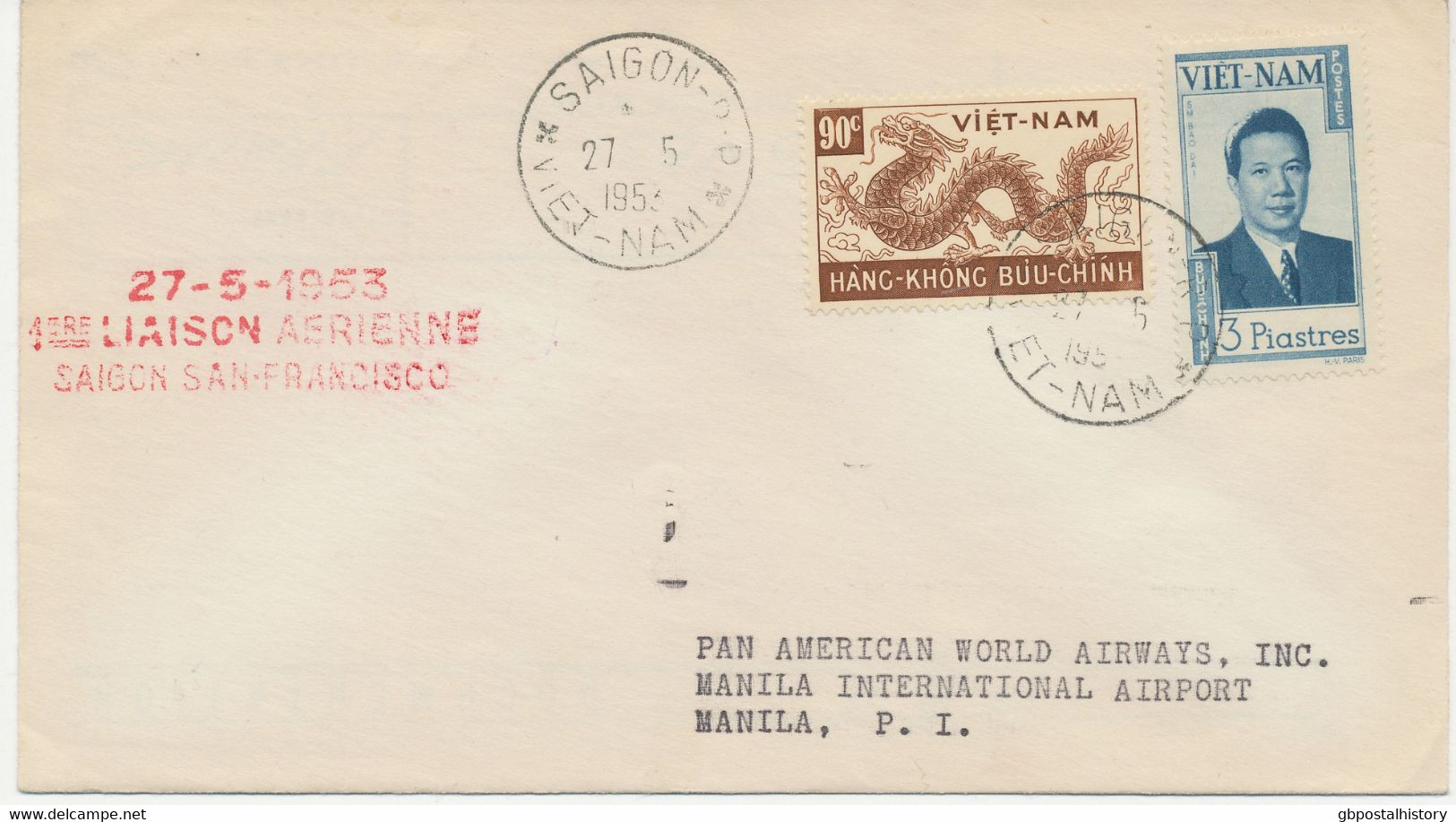 VIETNAM 1953, Extrem Selt. Kab.-Erstflug Mit Pan American World Airways "SAIGON - MANILA, Philippinen", Nur Sehr Wenige - Vietnam