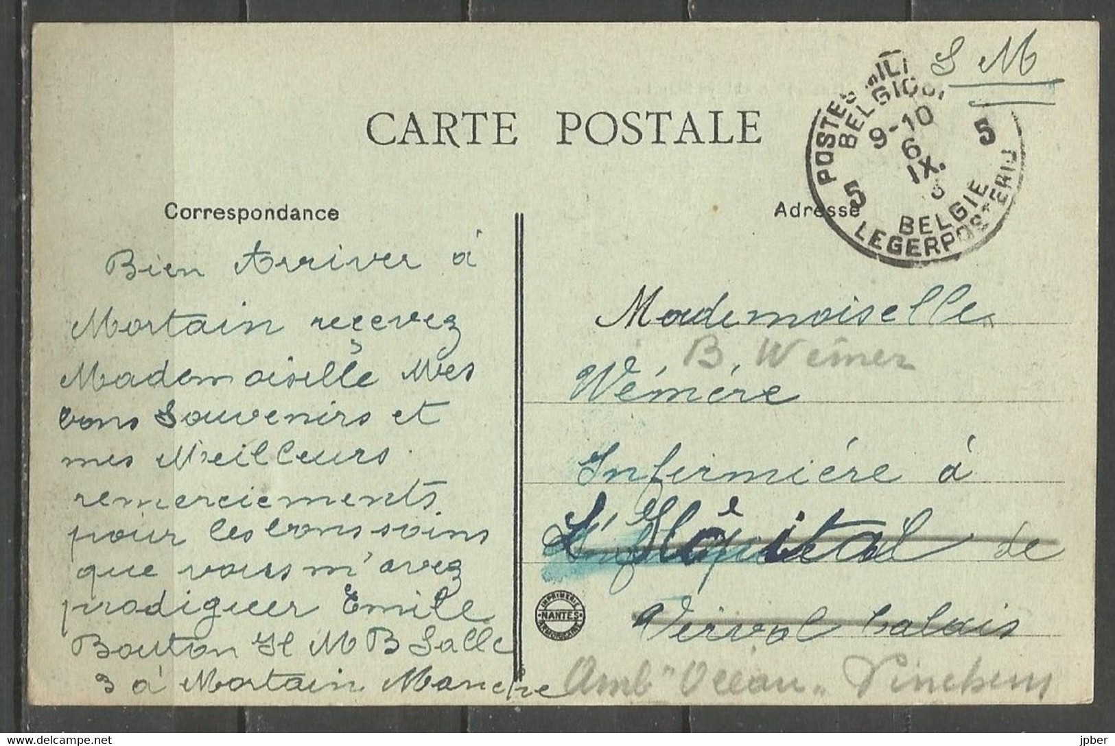 Belgique - Cachet "POSTES MILITAIRES 5" Du 6-9 - Carte Postale MORTAIN (Manche) L'Abbaye Blanche - Covers & Documents