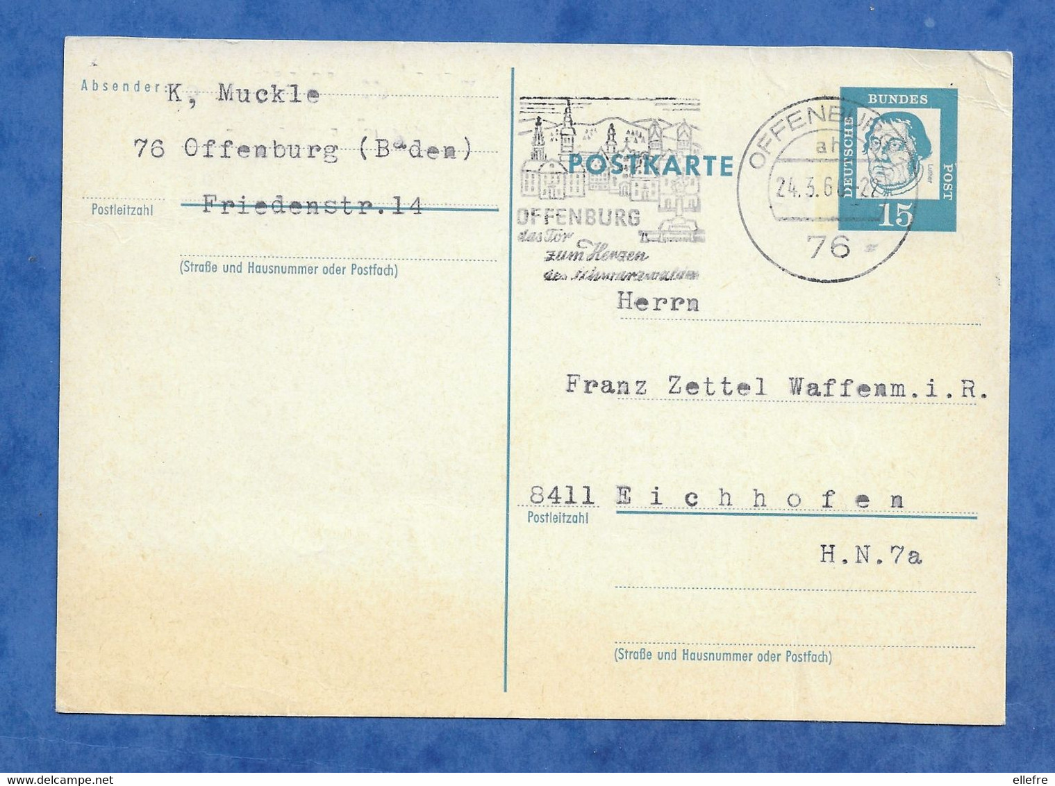 Entier Postal Allemagne Postkarte Offenburg Avec Flamme Tampon - Timbre Luther 15 Marks Oblitération 1976 - Postcards - Used