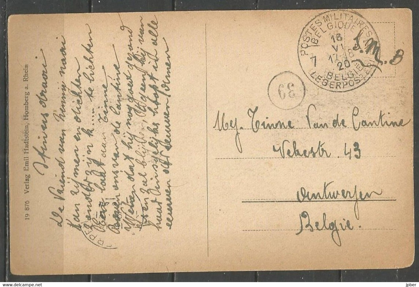 Belgique - Cachet "POSTES MILITAIRES 7" Du 16-6-20 - Carte Postale HOMBERG AM RHEIN - Lettres & Documents