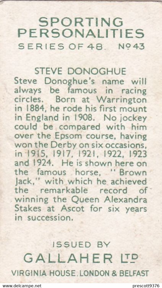 43 Steve Donohue, Horse Racing  - Sporting Personalities 1936 - Gallaher Cigarette Card - Original - Gallaher