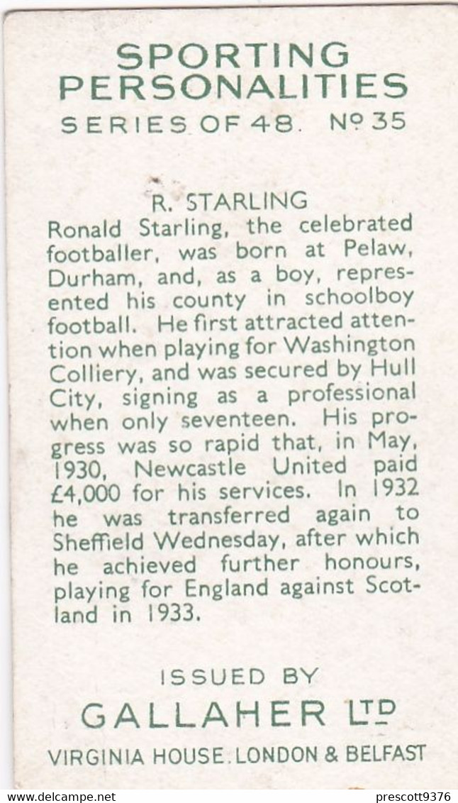 35 Ron Starling, Sheffield Wednesday   - Sporting Personalities 1936 - Gallaher Cigarette Card - Original - Gallaher