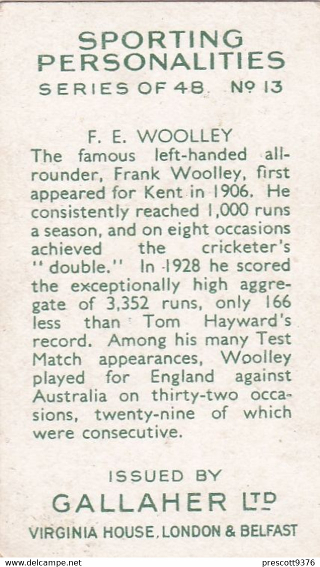 13 Frank Wooley, Kent   - Sporting Personalities 1936 - Gallaher Cigarette Card - Original - Gallaher