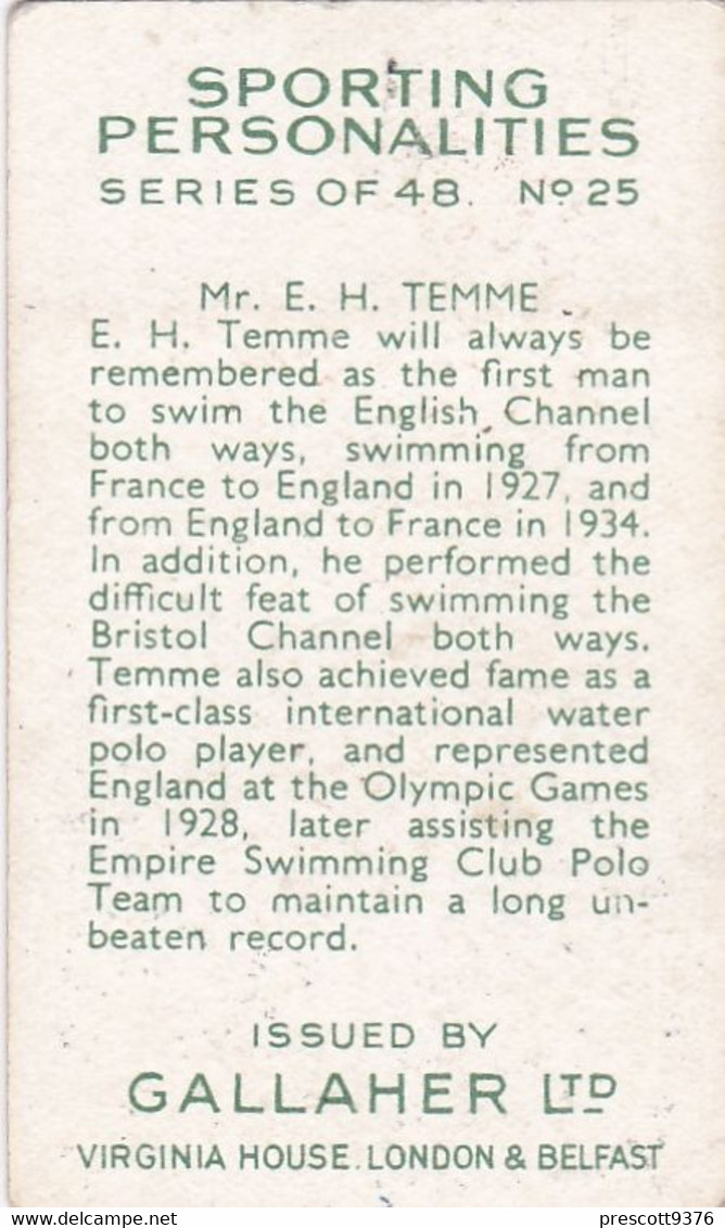 25 EH Temme Long Distance Swimmer  - Sporting Personalities 1936 - Gallaher Cigarette Card - Original - Gallaher