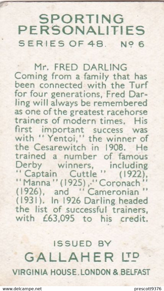 6 Fred Darling, Horse Racing - Sporting Personalities 1936 - Gallaher Cigarette Card - Original - Gallaher