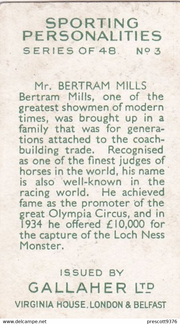 3 Bertram Mills, Horse Racing - Sporting Personalities 1936 - Gallaher Cigarette Card - Original - Gallaher