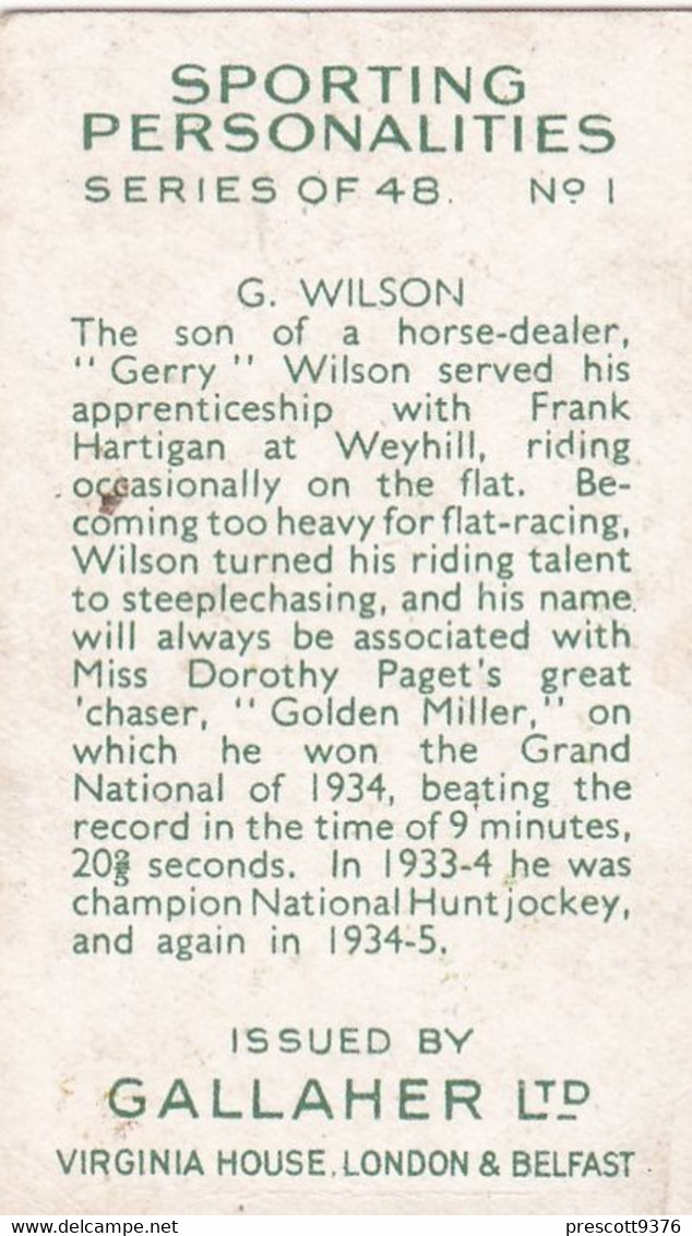 1 Gerry Wilson, Horse Racing - Sporting Personalities 1936 - Gallaher Cigarette Card - Original - Gallaher