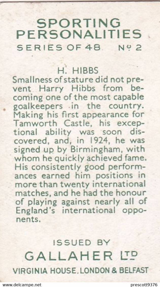 2 Harry Hibbs, Goal Keeper Birmingham - Sporting Personalities 1936 - Gallaher Cigarette Card - Original - Gallaher