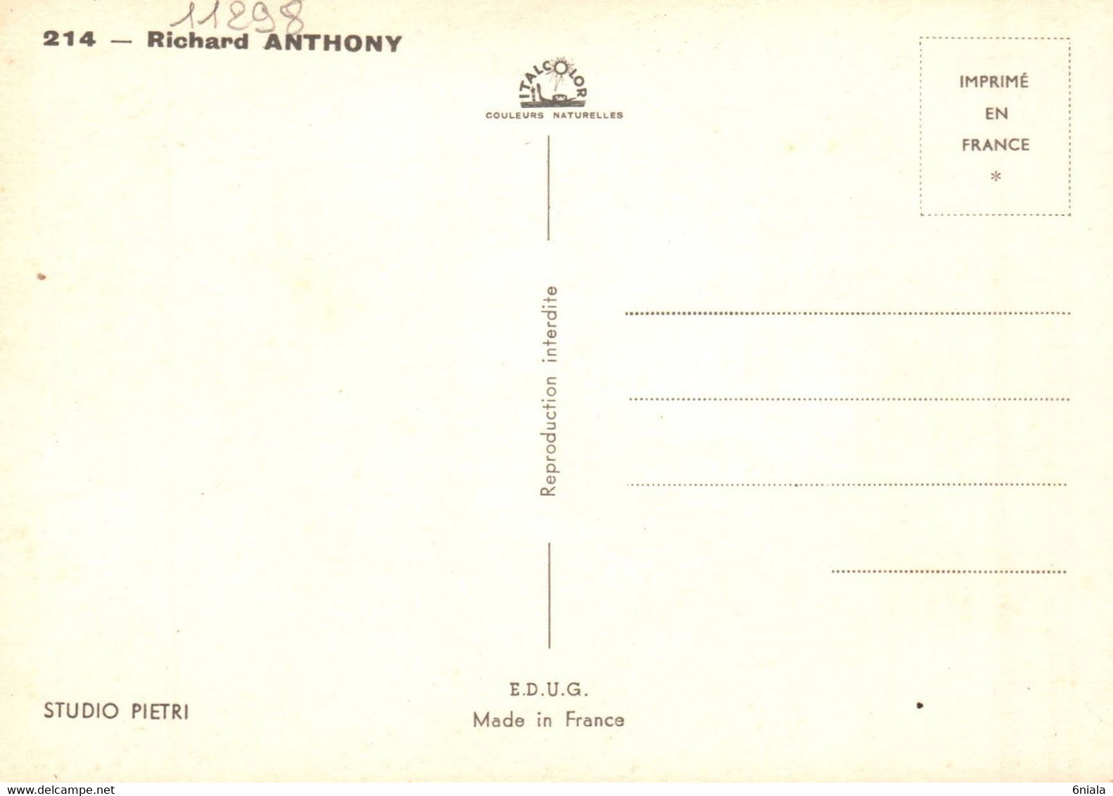 RICHARD   ANTHONY  Chanteur   Artiste   1938 - 2015    Studio PIETRI ( Recto-verso) - Chanteurs & Musiciens