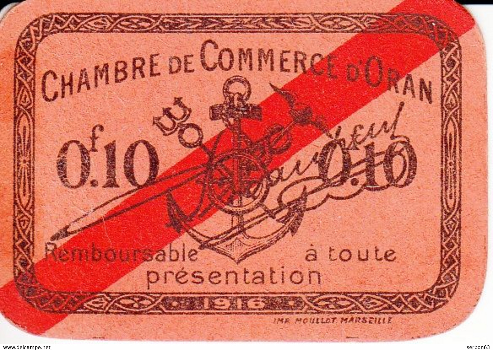 BON BILLET MONNAIE CHAMBRE DE COMMERCE D'ORAN ALGÉRIE 0,10 CENTIMES CARTON DE 6X3,5 Cm TTB 1916 - SITE Serbon63 - Chambre De Commerce